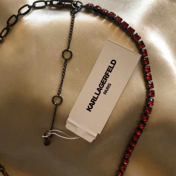 Karl Lagerfeld Hematite Tone Link & Rose Crystal Cup Chain Collar Necklace NWT - Picture 8 of 13